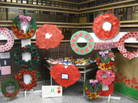 Front foyer at ZHPPS displays all the wreaths made by the various classes for 2013 Remembrance Day Service.  Photo by Shirley McCall Hanlon